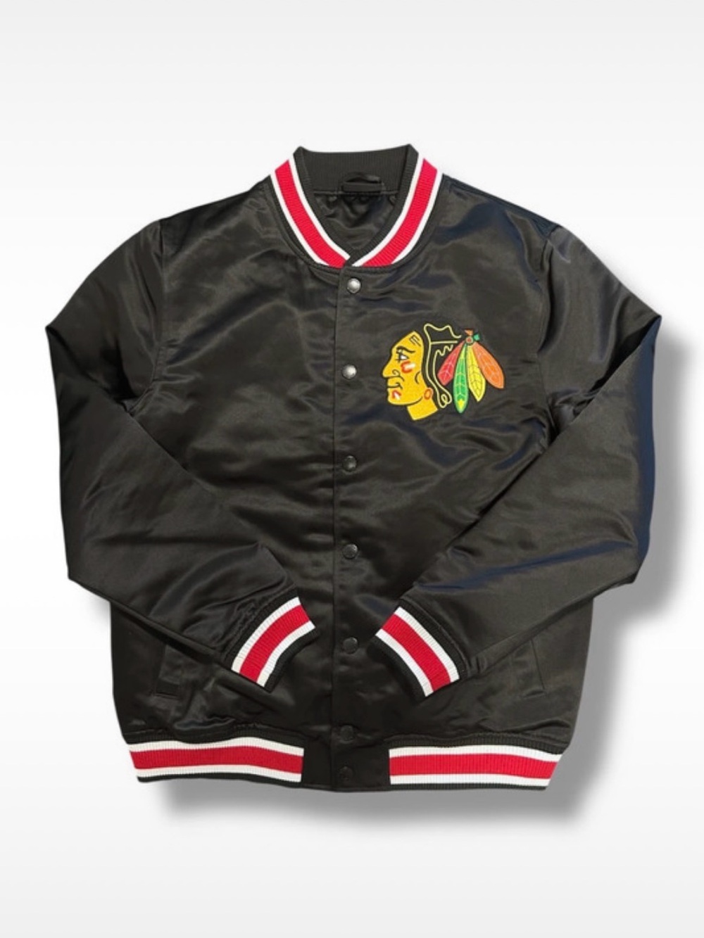 New Era Chicago Blackhawk’s Sports Classic black Satin Varsity Jersey Jacket
